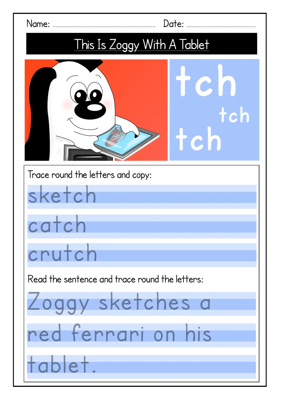 The tch sound: students trace and copy sketch, catch and crutch, then trace 'Zoggy sketches a red ferrari on his tablet.'
