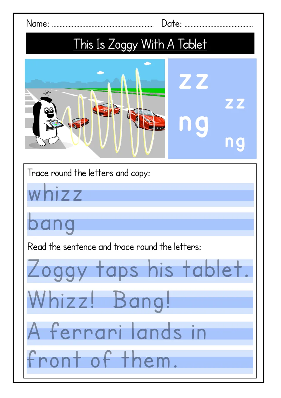 Endings zz and ng: students trace and copy whizz and bang, then trace a sentence where a ferrari lands