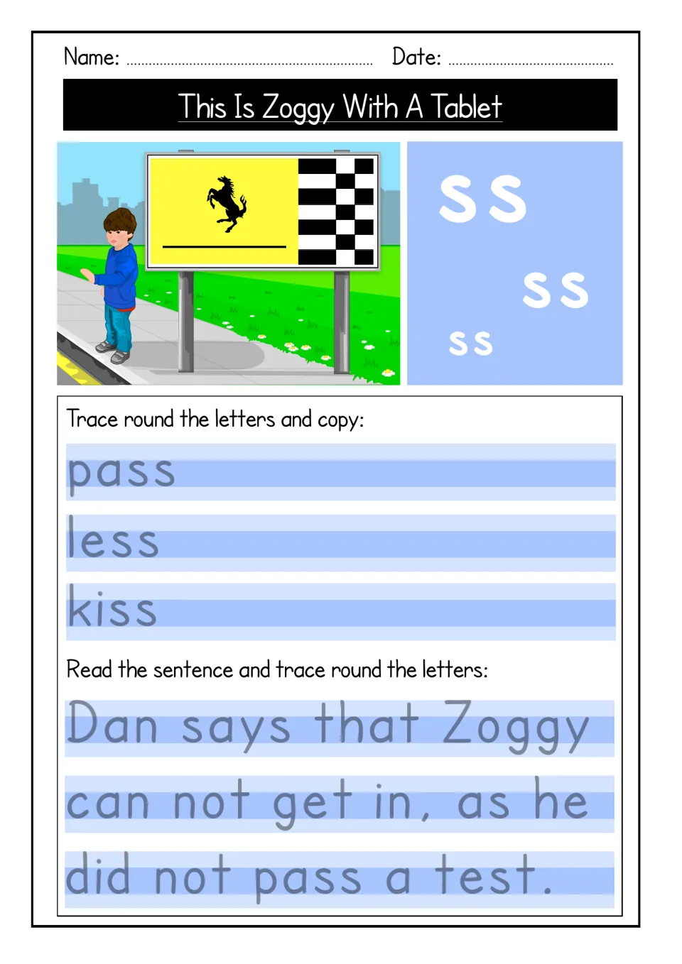 Double s ending: students trace and copy pass, less and kiss, then trace a sentence saying Zoggy did not pass a test