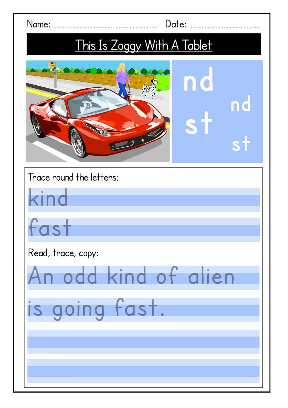 Endings nd and st: students trace kind and fast, then read, trace and copy 'An odd kind of alien is going fast.'