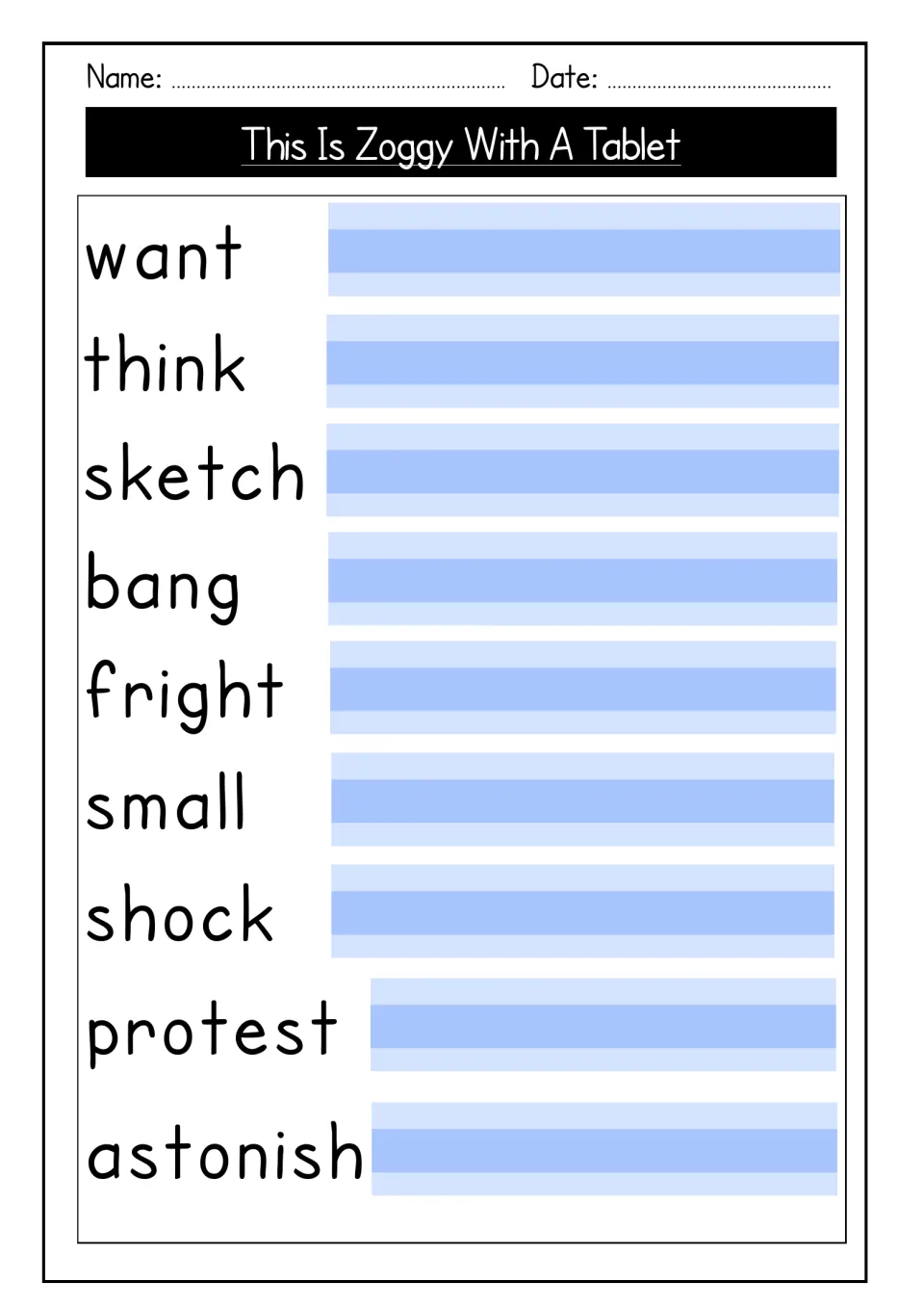 More story words to sound out and copy: want, think, sketch, bang, fright, small, shock, protest and astonish