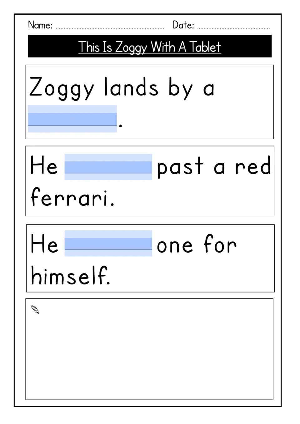 Story recall gap-fill: students write the missing verb or noun in three sentences about Zoggy and a red ferrari