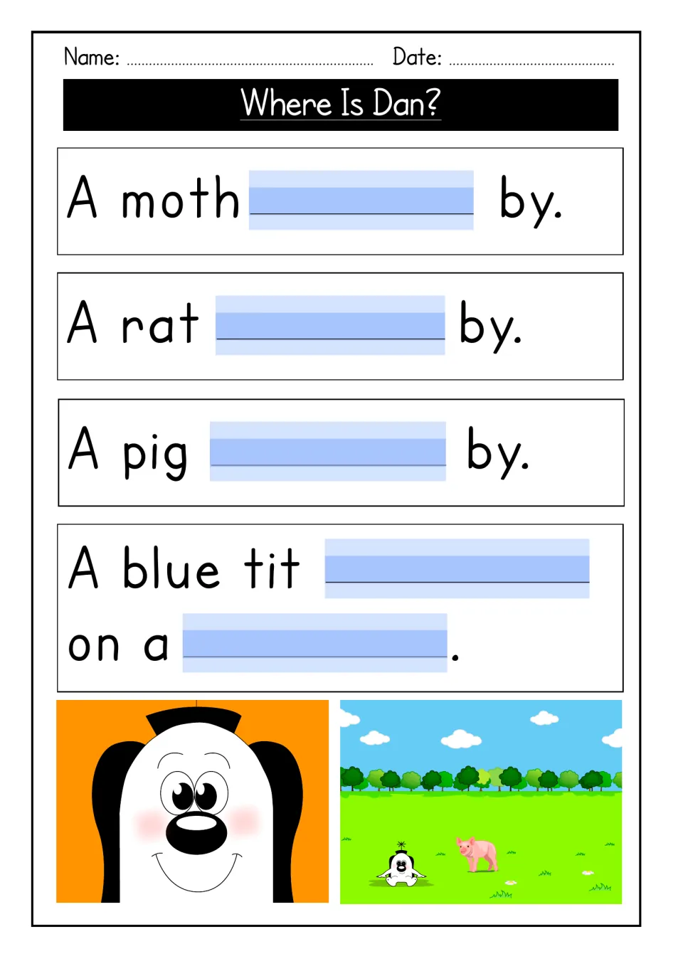 Sentence completion: students fill in verbs for A moth __ by, A rat __ by, A pig __ by and A blue tit __ on a __