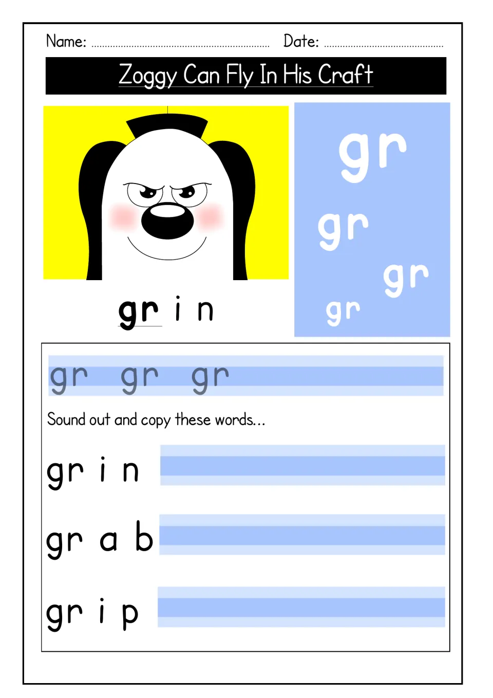 gr blend practice: students trace gr beside a grinning Zoggy, then sound out and copy the words grin, grab and grip