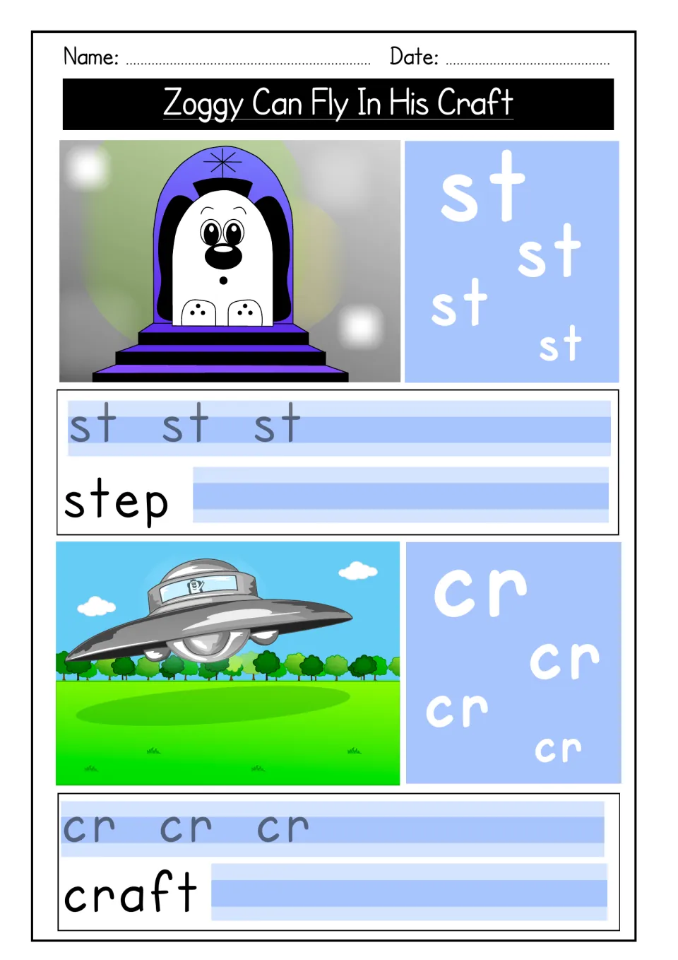 st and cr blends: students trace st and copy step under Zoggy on steps, then trace cr and copy craft under a flying saucer