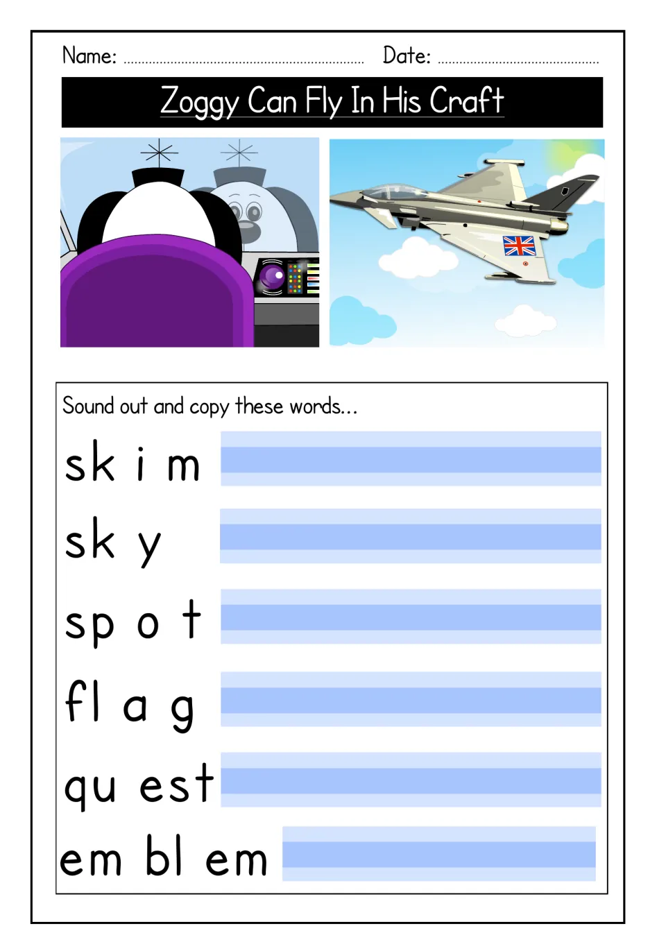 Consonant blend words: students sound out and copy skim, sky, spot, flag, quest and emblem, shown with Zoggy and a jet