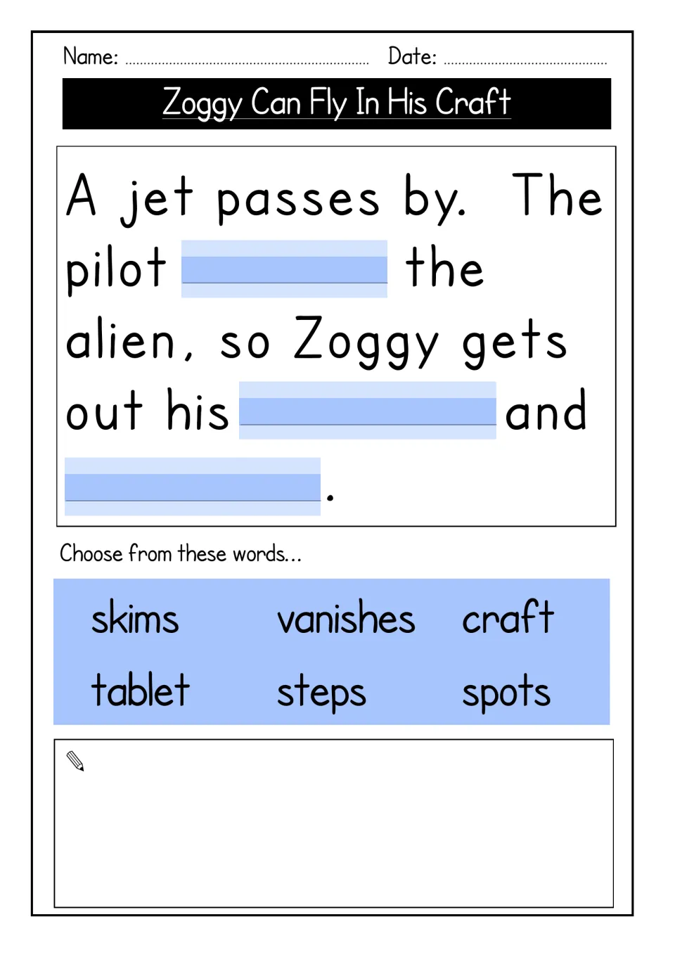 Jet and pilot gap fill: students pick from skims, vanishes, craft, tablet, steps and spots to finish the story, then draw