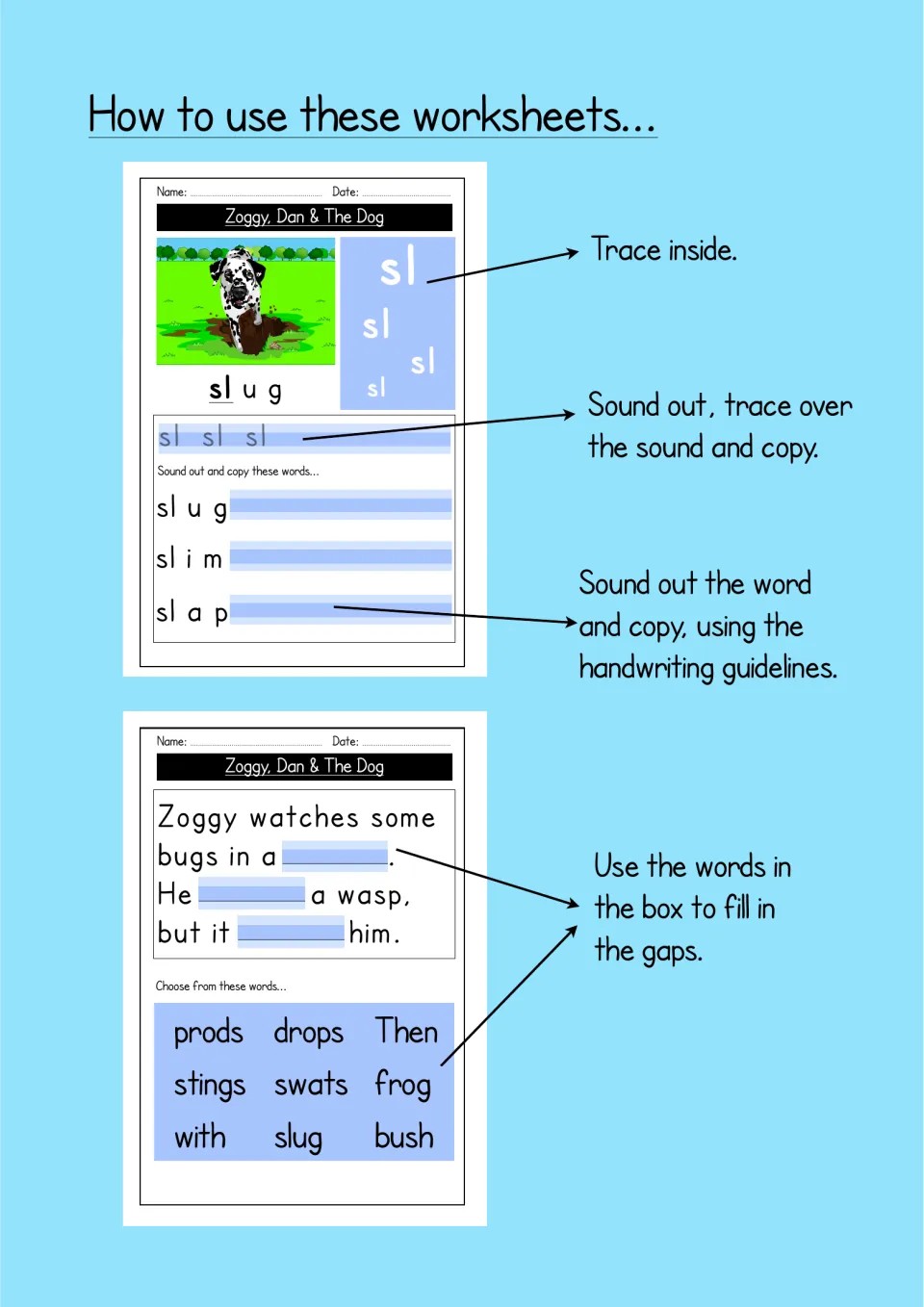 How to use these worksheets: notes explain tracing the sl sound, copying sl words and filling story gaps from a word box