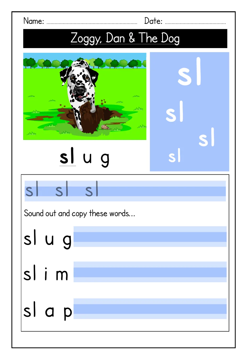 sl blend practice: students trace sl, then sound out and copy slug, slim and slap beside a picture of a dog digging