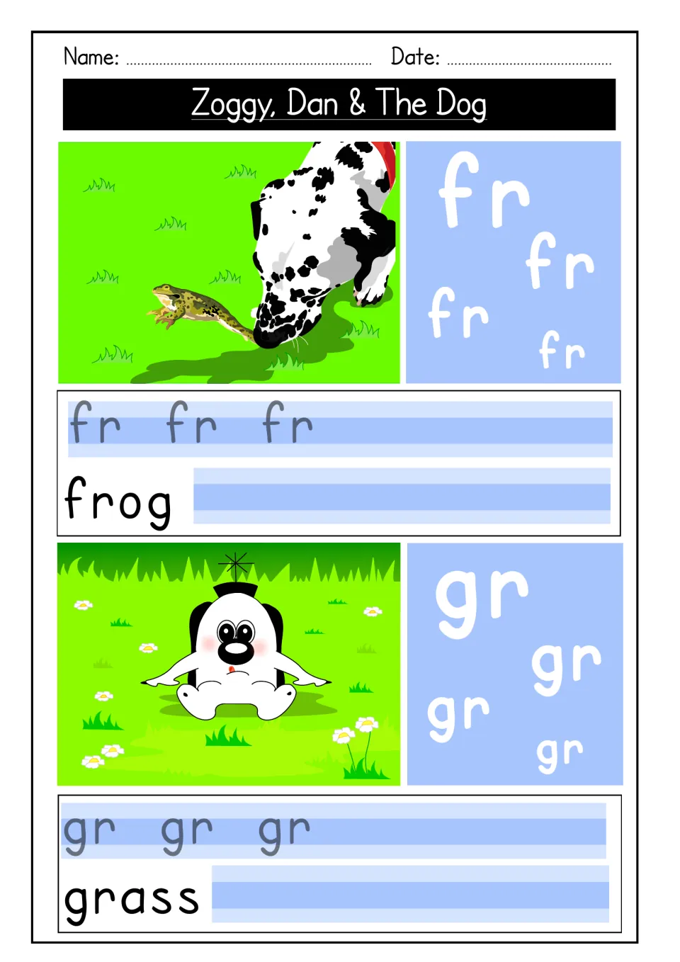 fr and gr blend tracing: students trace fr and copy frog under a dog-and-frog picture, then trace gr and copy grass