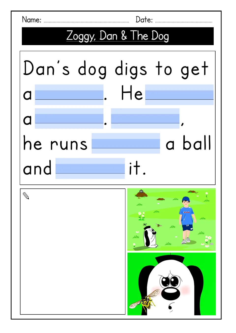 Story gap-fill: Dan's dog digs to get a ___; students complete five blanks and draw their own picture of the story