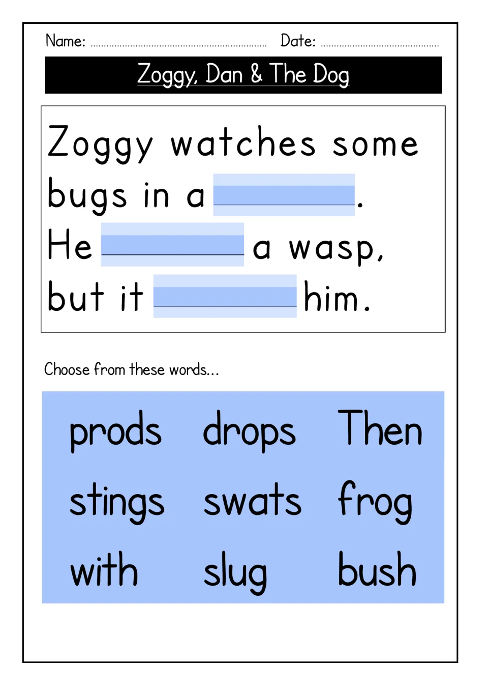 Cloze sentences about Zoggy watching bugs and a wasp: students pick from a nine-word bank to fill three gaps
