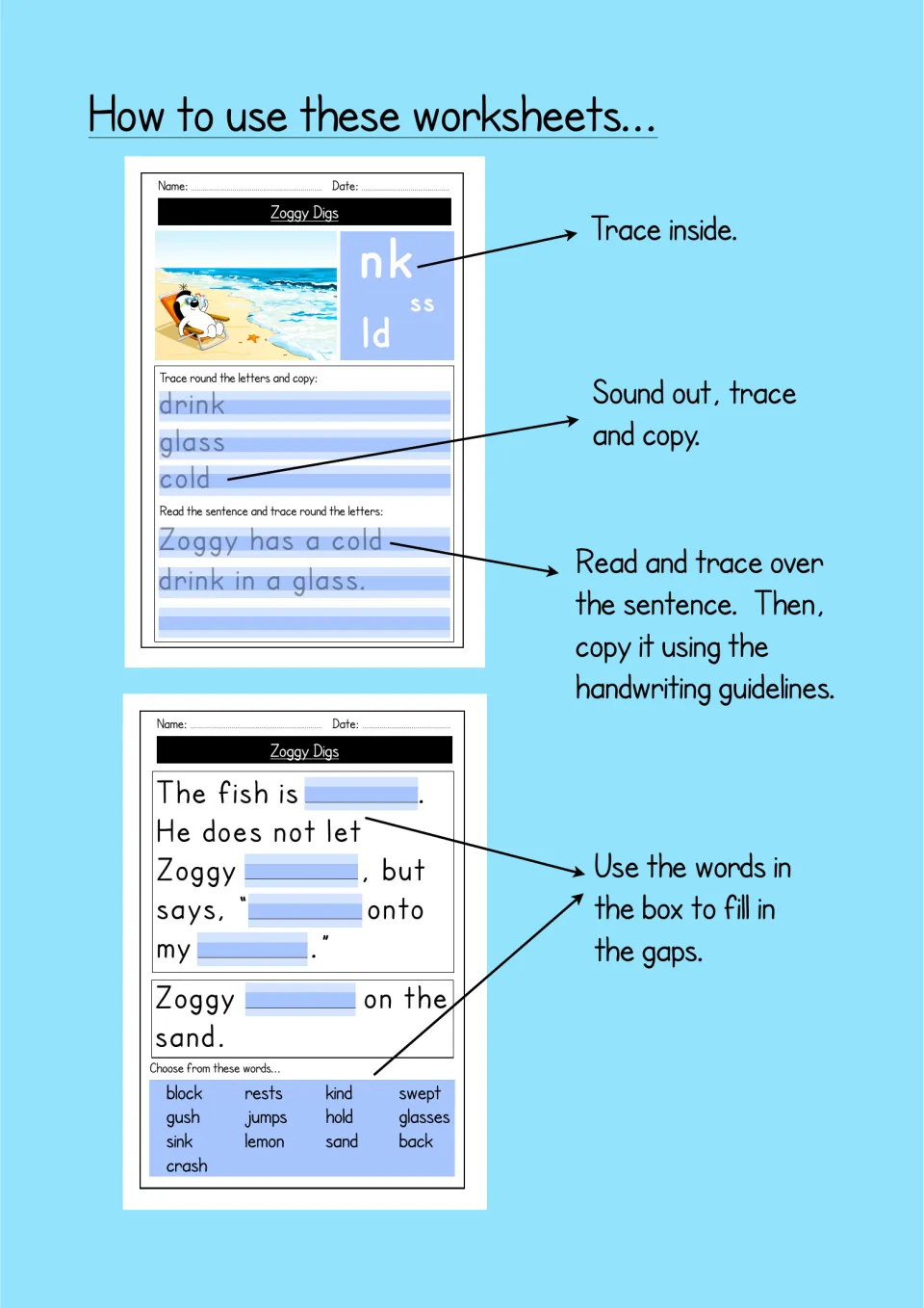 How to use these worksheets: notes explain tracing letters, sounding out and copying words, and filling sentence gaps
