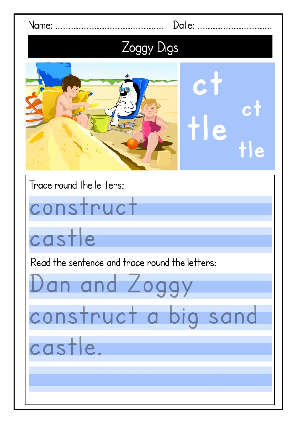 ct and tle sounds: students trace construct and castle, then a sentence about Dan and Zoggy building a sand castle