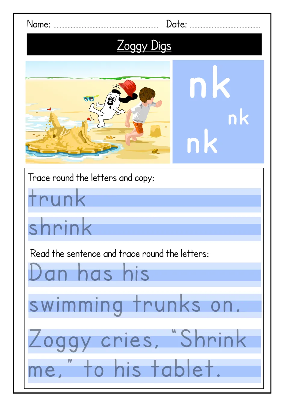 nk word ending: students trace and copy trunk and shrink, then trace sentences about swimming trunks and a tablet