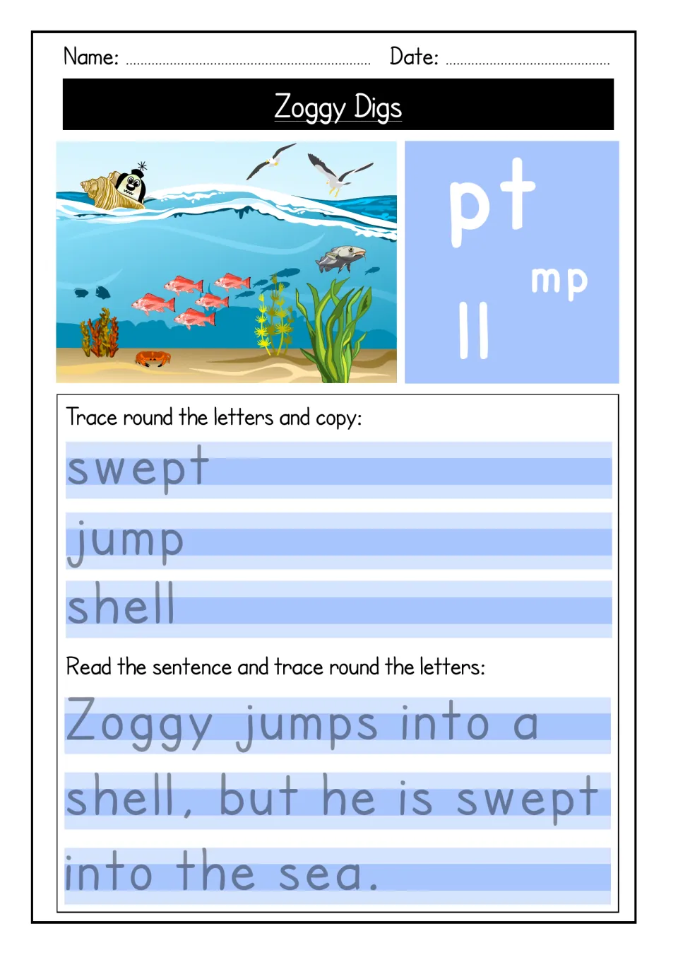 pt, mp and ll endings: students trace swept, jump and shell, then a sentence about Zoggy swept into the sea in a shell
