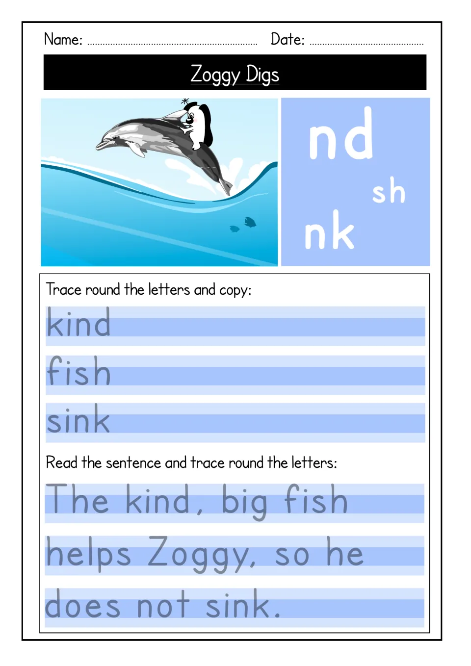 nd, sh and nk sounds: students trace kind, fish and sink, then a sentence about a kind fish helping Zoggy stay afloat