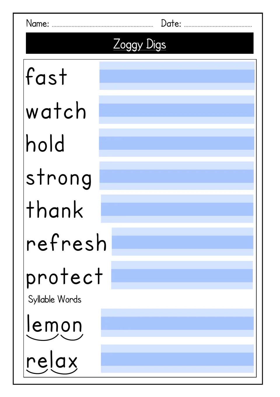 Copying words: students write fast, watch, hold, strong, thank, refresh and protect, then syllable words lemon and relax