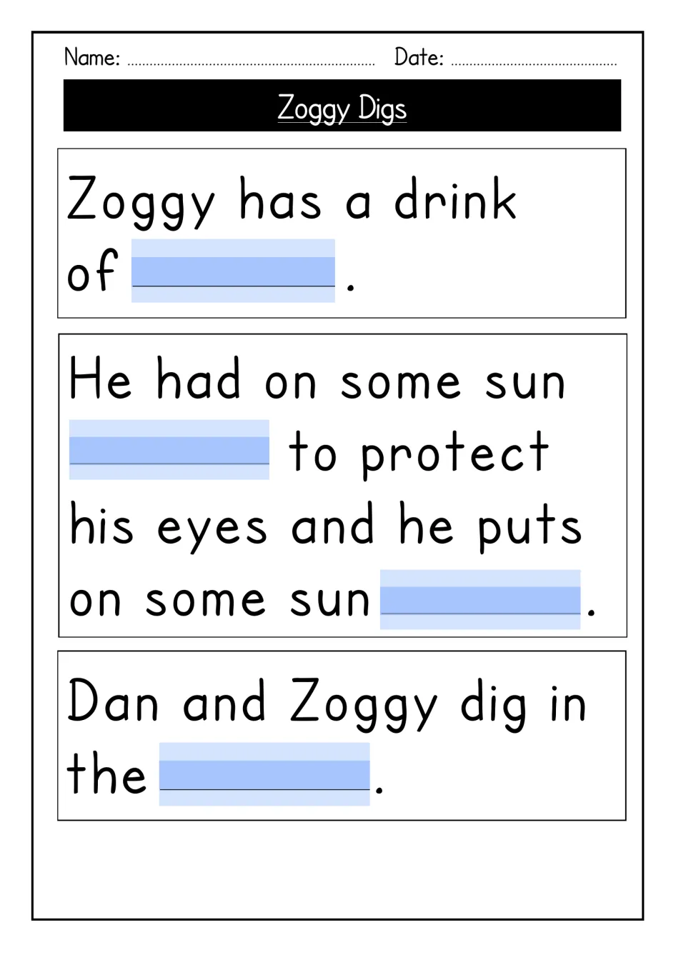 Story comprehension gap-fill: students complete three sentences about Zoggy's drink, sun protection and digging with Dan