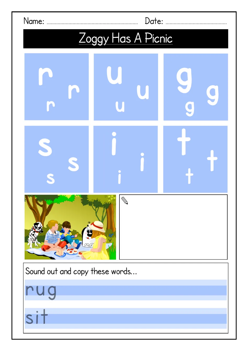 Tracing r, u, g, s, i and t: students trace each letter, draw a picnic picture, then sound out and copy rug and sit