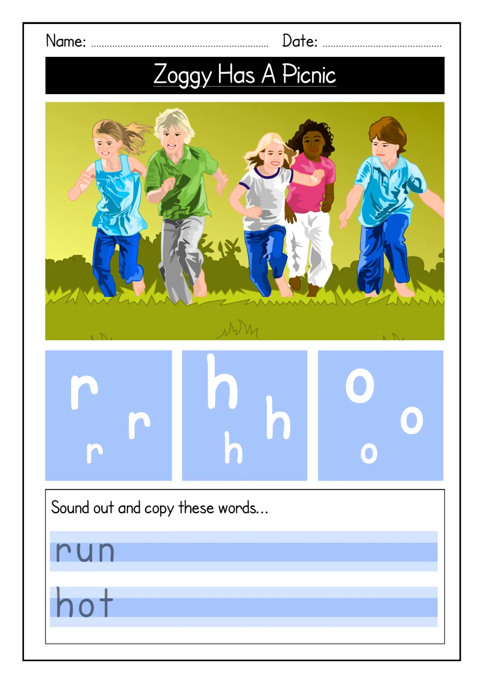 Letter tracing for r, h and o beside a picture of children running, then students sound out and copy run and hot
