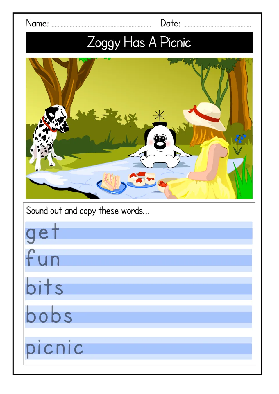 Handwriting copywork: students sound out and copy get, fun, bits, bobs and picnic below a Zoggy picnic scene