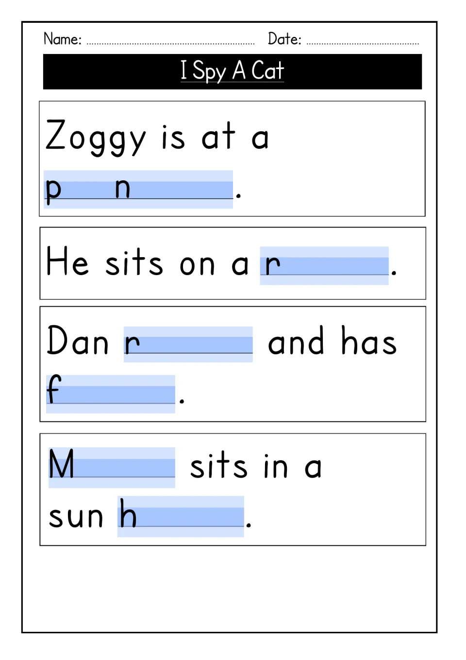 I Spy A Cat sentence completion: students finish four picnic sentences about Zoggy, Dan and Meg from first-letter clues