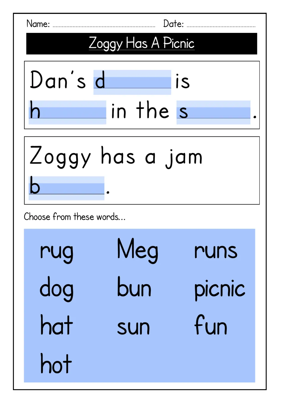 Picnic cloze sentences: students fill gaps in two sentences about Dan's dog and Zoggy's jam bun using a 10-word bank