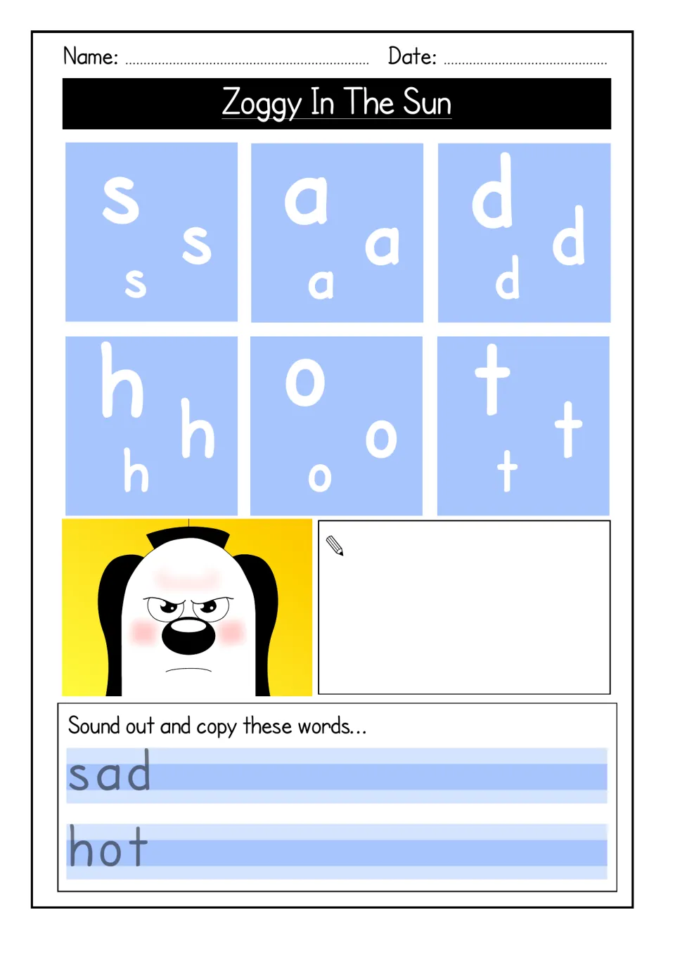 Letter sounds s, a, d, h, o, t: students trace the letters, draw their own picture, then sound out and copy sad and hot