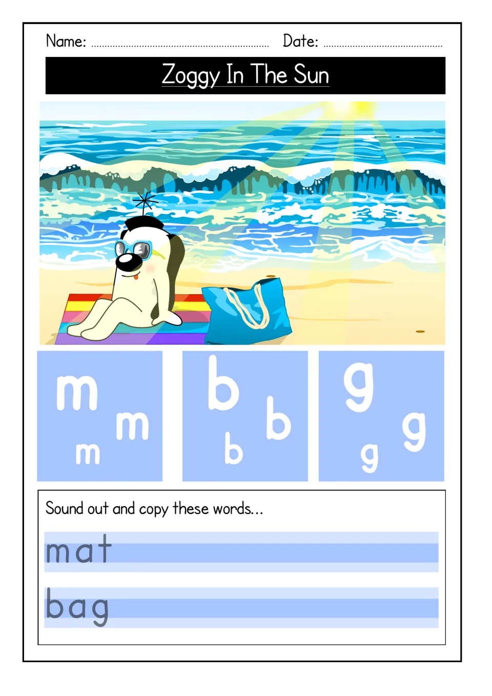 Letter sounds m, b, g with Zoggy on a beach towel by his bag: students trace letters, then sound out and copy mat and bag