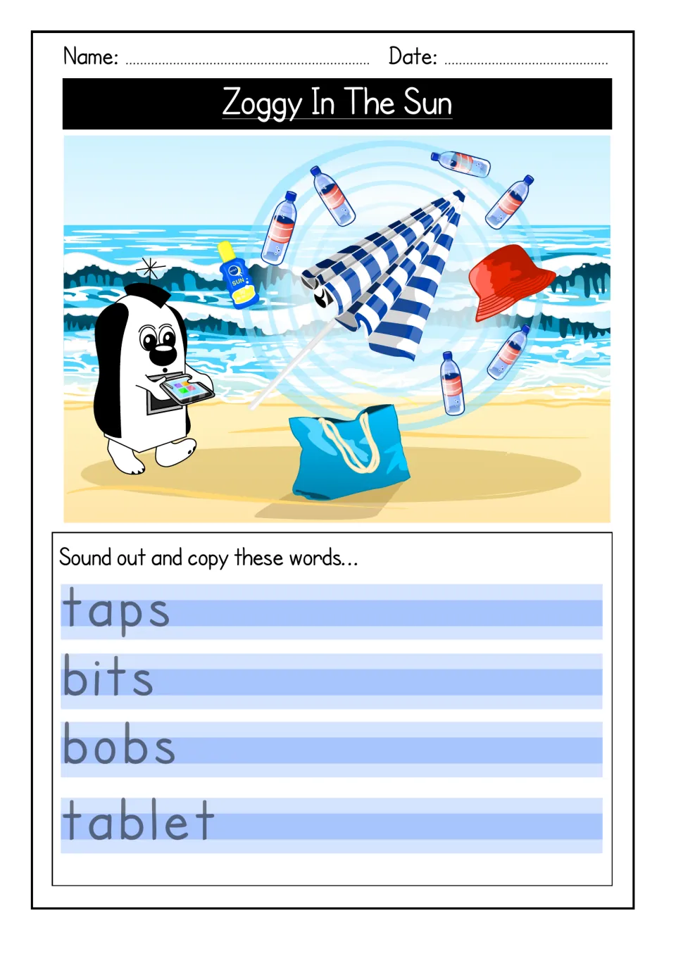 Zoggy holds his tablet as beach items swirl by his bag: students sound out and copy the words taps, bits, bobs and tablet
