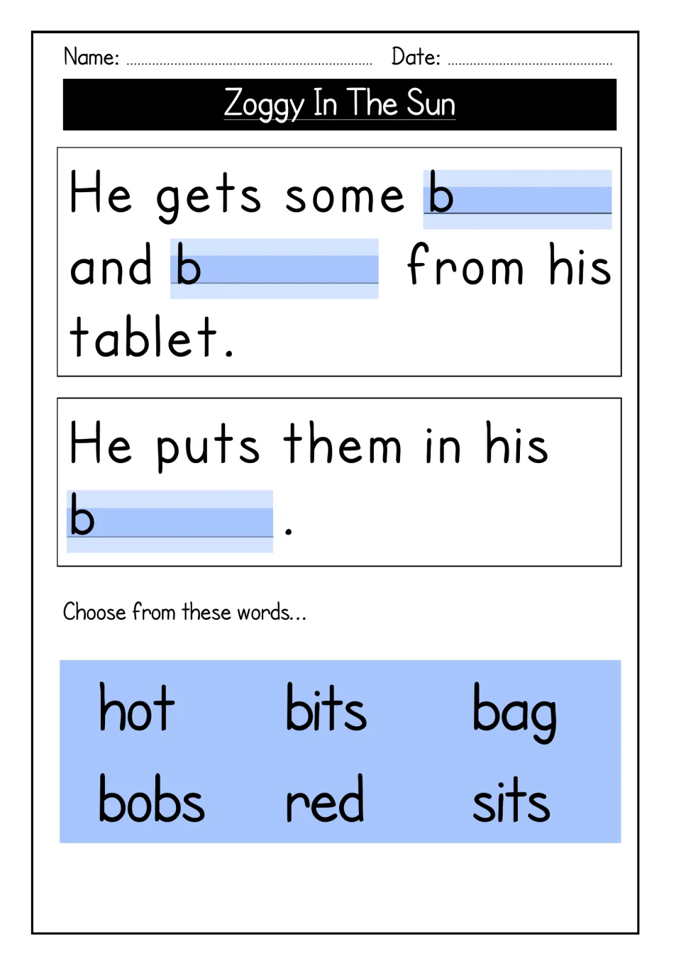 Cloze sentences about Zoggy's tablet and bag: students choose from hot, bits, bag, bobs, red and sits to fill each b__ gap