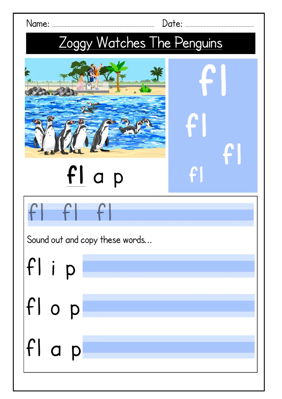 Fl blend practice: students trace fl beside a penguin pool scene, then sound out and copy the words flip, flop and flap
