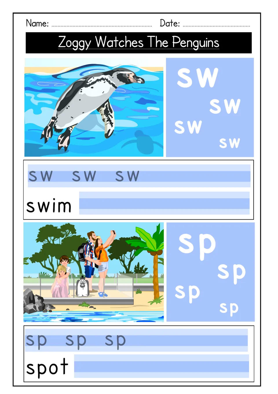 Sw and sp blends: students trace sw and copy swim by a swimming penguin, then trace sp and copy spot by zoo visitors