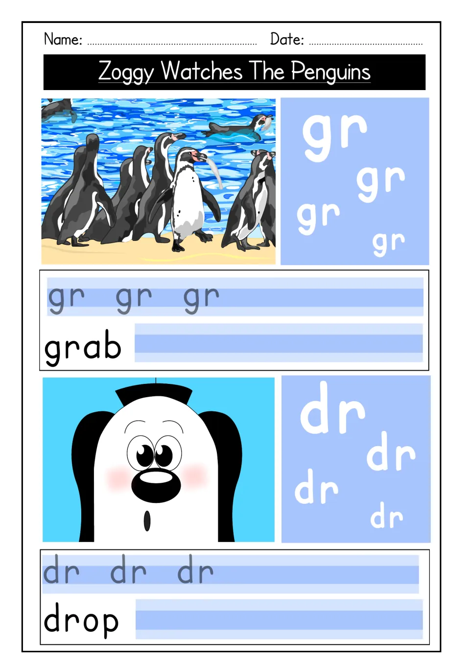 Gr and dr blends: students trace gr and copy grab by penguins with a fish, then trace dr and copy drop by Zoggy