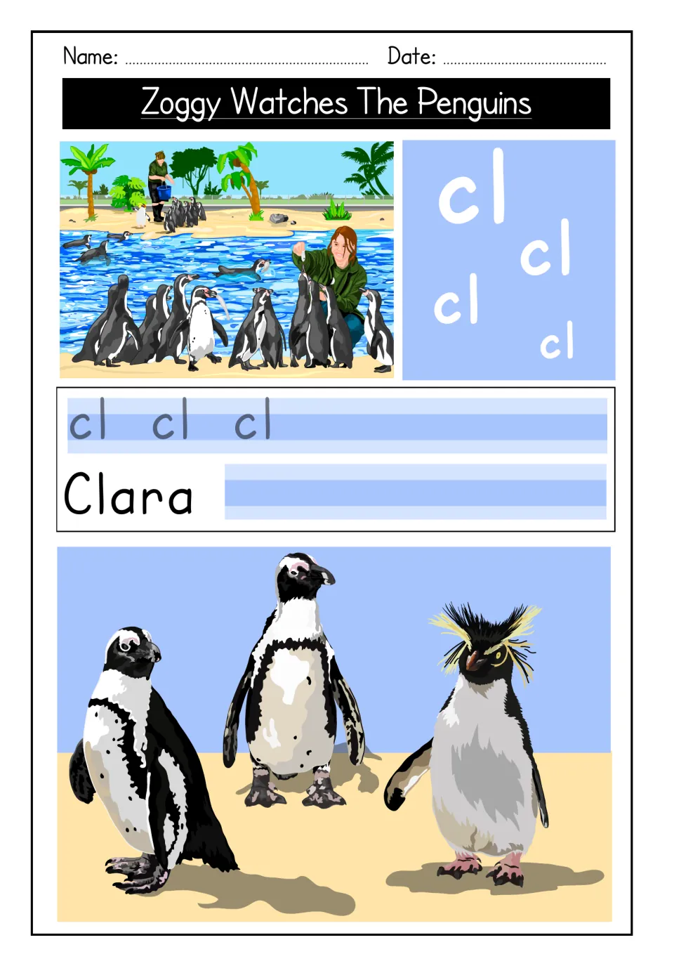 Cl blend practice: students trace cl and copy the name Clara beside a keeper feeding penguins, with three penguins below