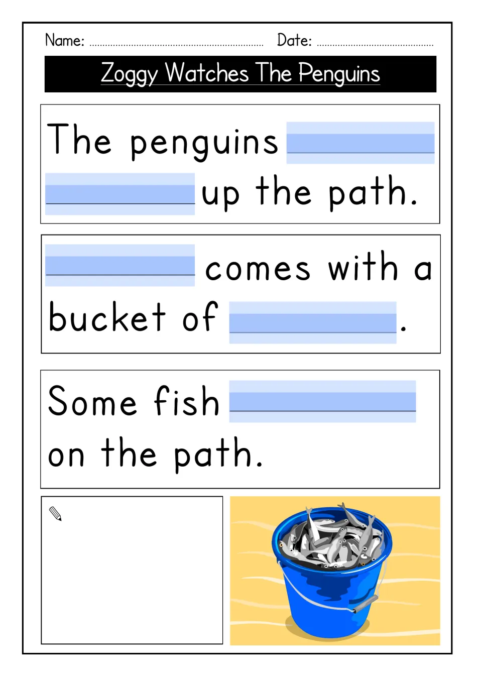 Story cloze, part 1: students fill gaps about penguins on the path and Clara's bucket of fish, then draw a picture