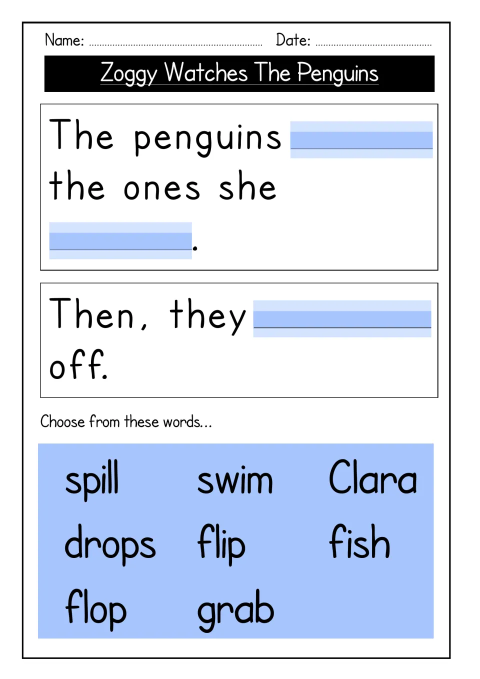 Story cloze, part 2: students complete sentences about penguins grabbing dropped fish and swimming off, using a word box