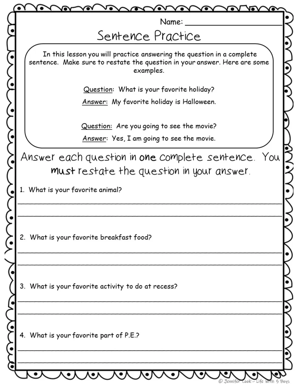 Sentence practice: students restate the question in one complete sentence to answer questions 1-4 about their favorites