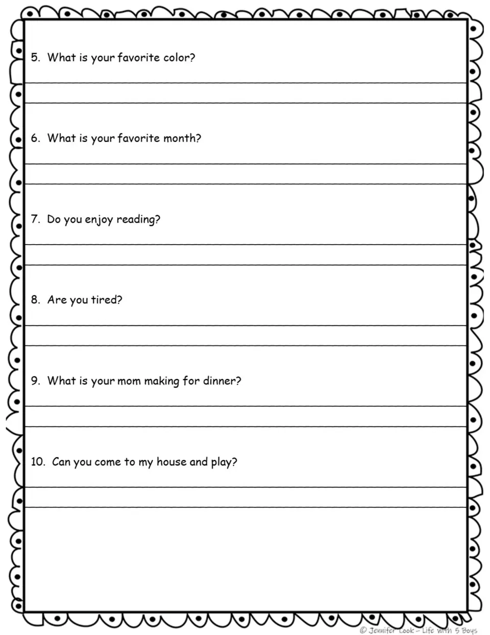 Restating questions, items 5-10: students write full-sentence answers about favorite color, month, reading and dinner