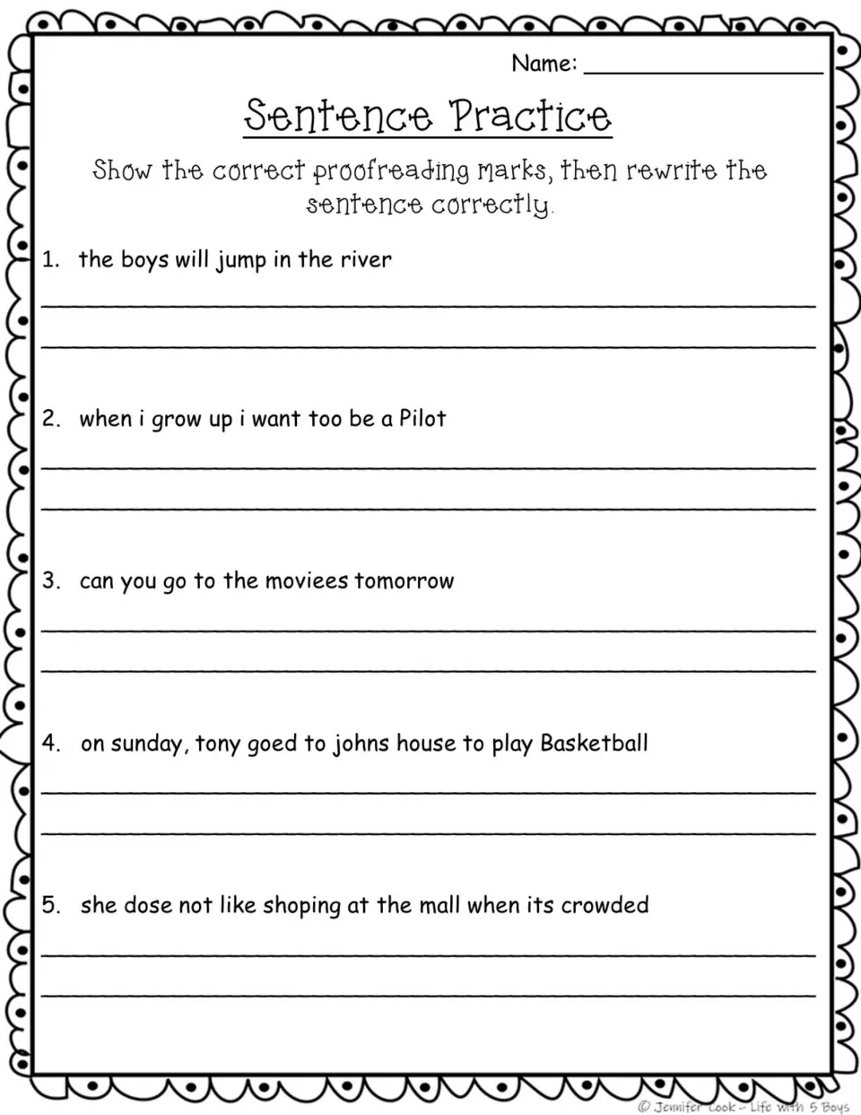 Sentence practice 1–5: edit and rewrite sentences about a river, a pilot, movies, basketball, and shopping
