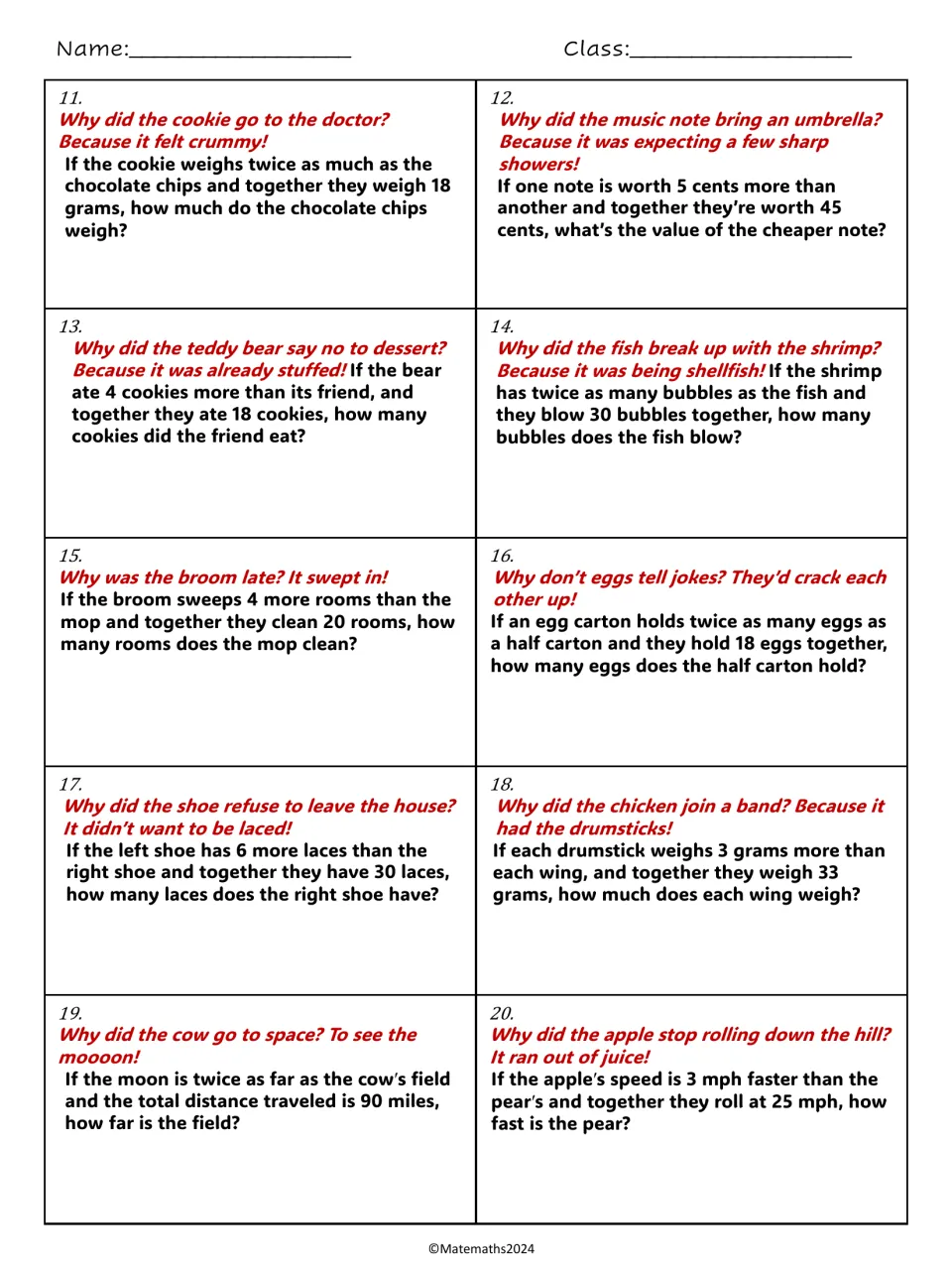 Riddle word problems 11-20: set up and solve equations for cookies, music notes, bubbles, shoe laces and rolling fruit