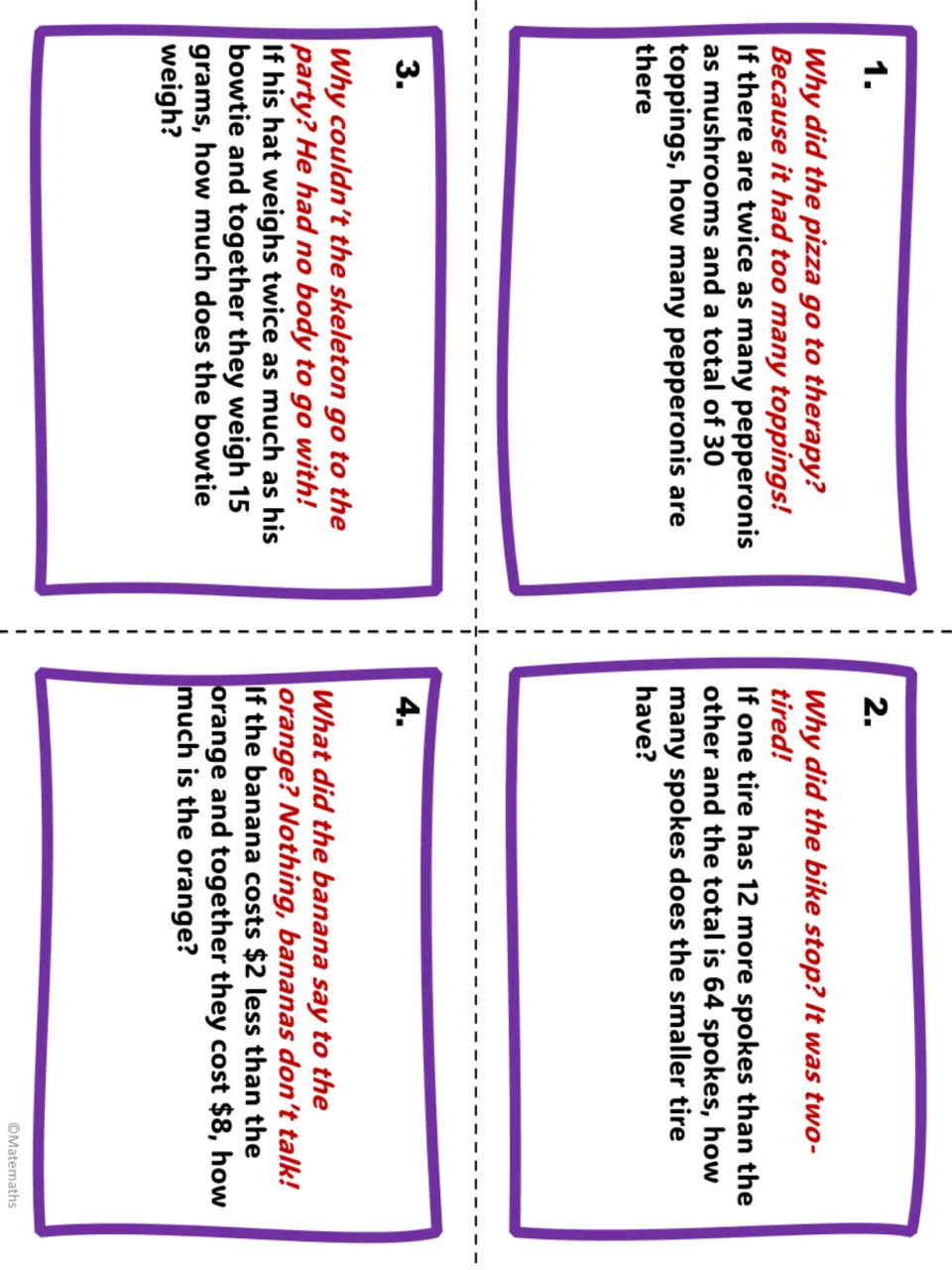 Task cards 1-4: riddle problems on pizza toppings, bike spokes, a skeleton's hat and fruit prices to model with equations