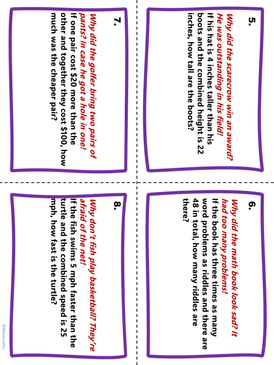 Task cards 5-8: equation word problems about a scarecrow's hat, math book riddles, golf pants and a fish versus a turtle