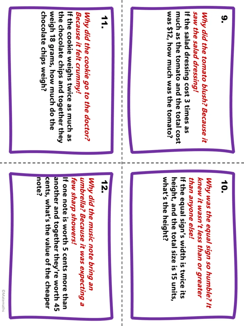Task cards 9-12: riddle problems on a tomato and dressing, the equal sign's size, cookie weight and music note values