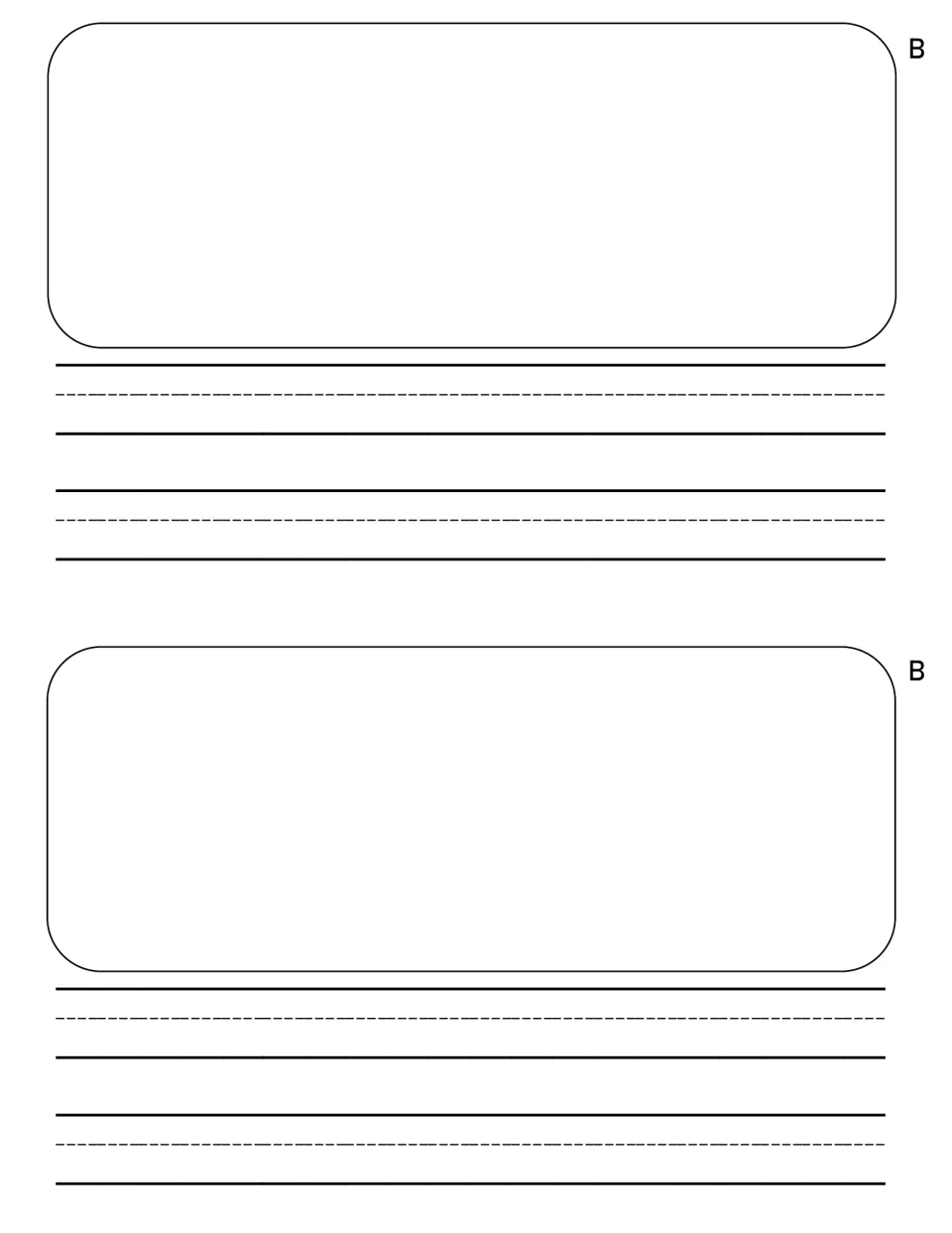 Pages marked B: students draw a picture in the top area of each half-page, then write two handwriting-ruled sentences below