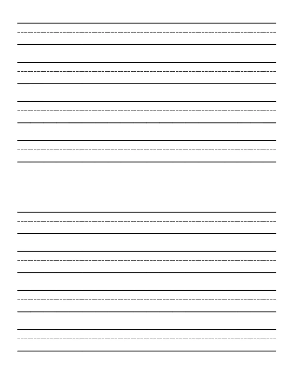 Writing page after the B pages: eight rows of dashed-middle handwriting paper for students to continue their text