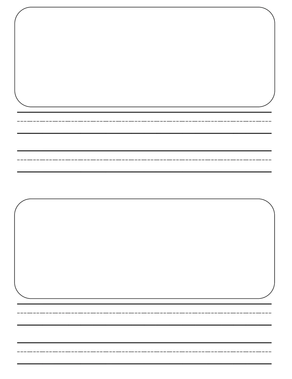 Unlettered draw-and-write page: two half-pages, each a picture area over a pair of handwriting rows for extra entries