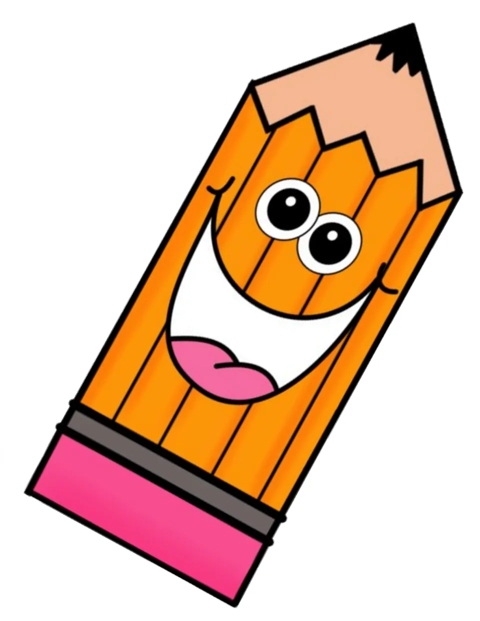 Large smiling cartoon pencil character with big eyes, open mouth and pink eraser, ready to cut out for the display