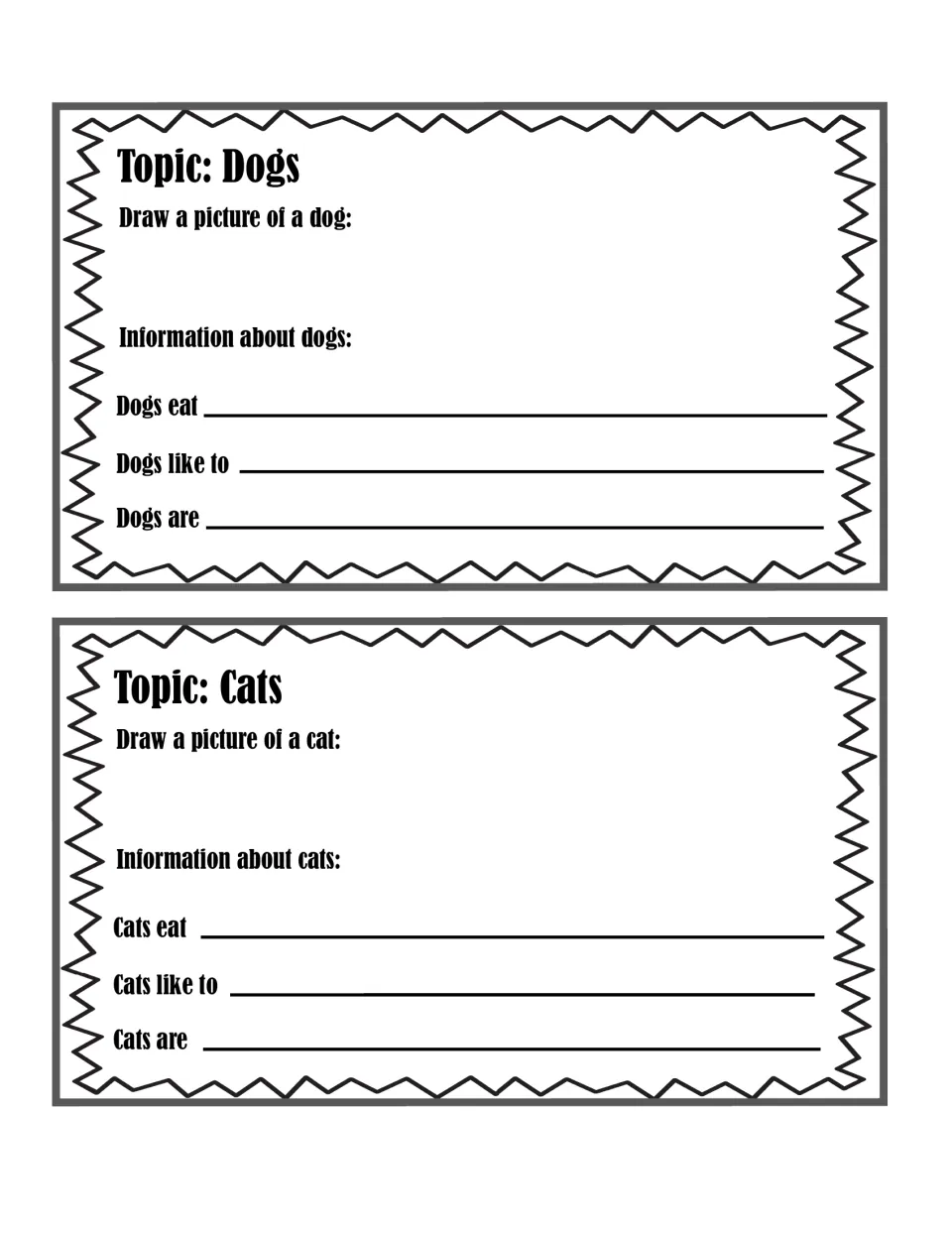 Dogs and cats topic cards: students draw the animal, then finish Dogs eat, like to, are and the same frames for cats
